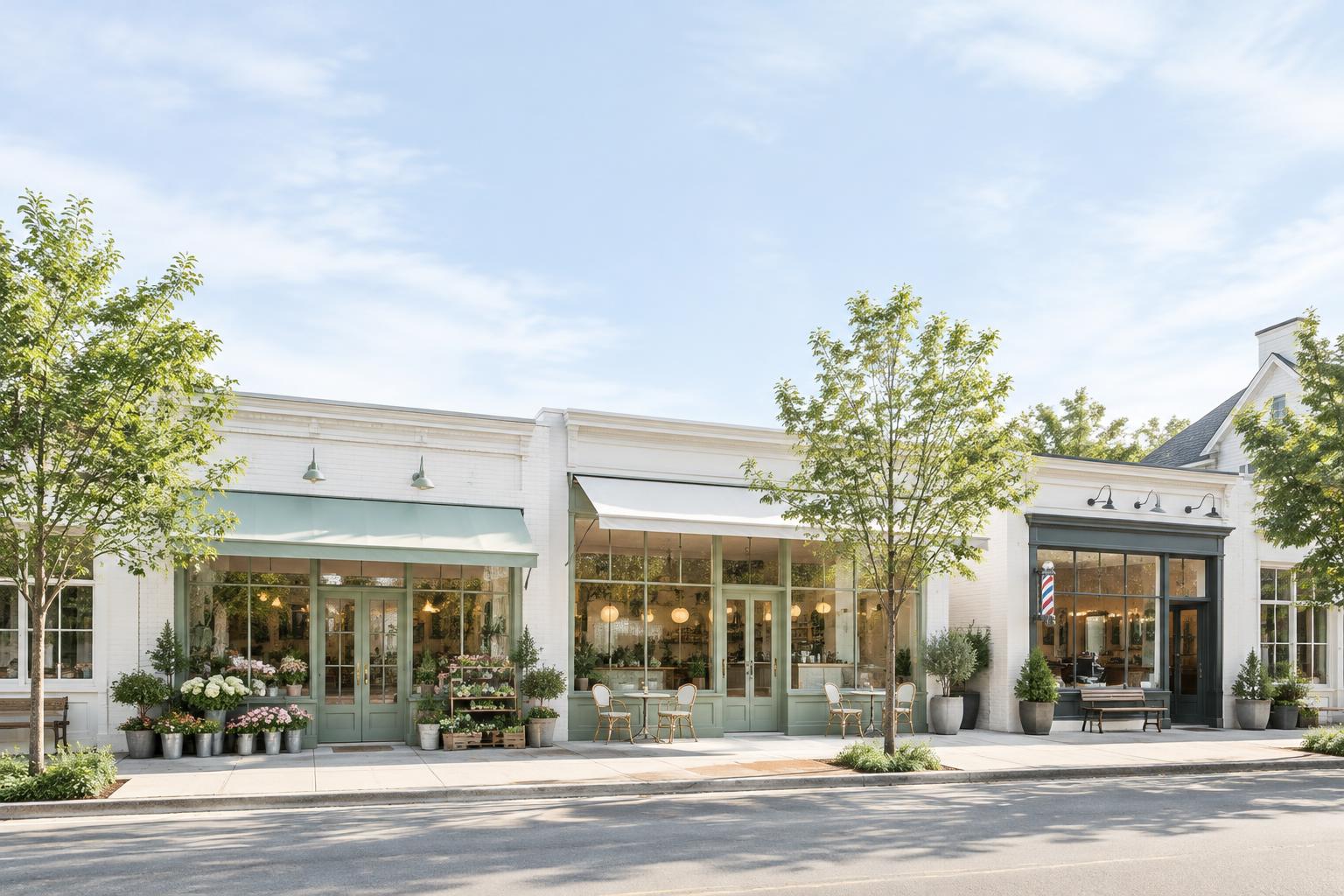 Sunlit neighborhood shops with a florist, cafe and barbershop